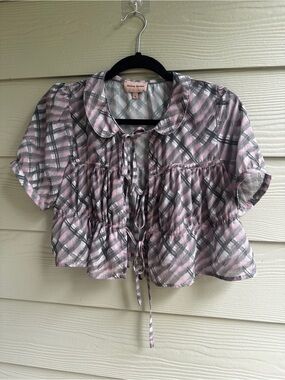 Pink Plaid Tie-Front Crop Top light academia